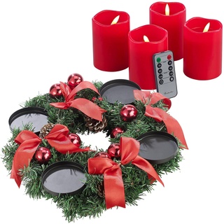 Britesta Advent Deko Kranz: Adventskranz mit rotem Schmuck, inkl. LED-Kerzen in rot (Weihnachtsschmuck Tischkranz)