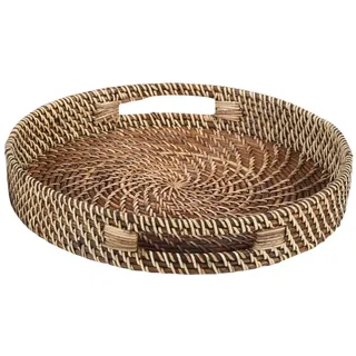 Rattan-Serviertablett BEA M Ø 30 cm rund Natur Rattan geflecht handgefertigt dekoratives Tablett für Getränke, Frühstück, Tee Service Boho Chic Servierteller Deko-Tablett mit Griff LOM20041