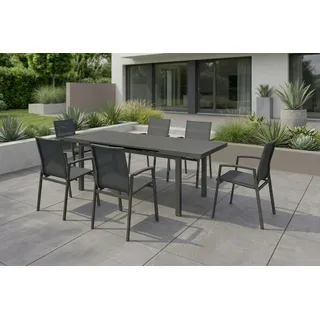 STERN New Top Garten-Essgruppe, anthrazit, Alu / Glas / Textil, Tisch 180/240x100cm, 6 Stapelsessel