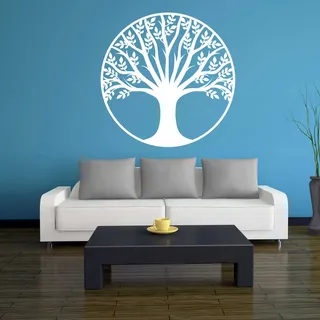 INDIGOS UG - Wandtattoo Wohnzimmer - Wandaufkleber Baum des Lebens - 2 - Lebensbaum Weltenbaum - 120x120 cm - Weiss - Aufkleber Kinderzimmer Schlafzimmer Küche Badezimmer Büro Dekoration