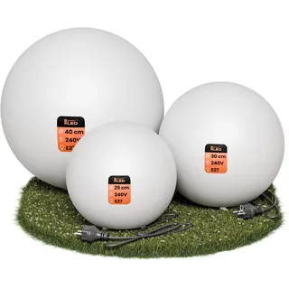 SMART LED Kugelleuchte für Garten IP65 - Satz 25/30/40 cm Kugel Außenleuchte Optik - E27 230V - winterfest - Erdspieße, austauschbare Lichtquelle, Weg- und Gartenbeleuchtung (Ø25/Ø30/Ø40)