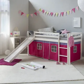 Homestyle4u Hochbett 540 90 x 200 cm Kiefer massiv weiß pink