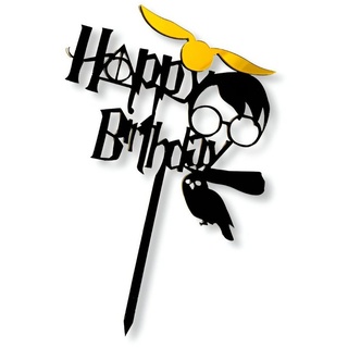 Festivalartikel Tortenstecker Happy Birthday Harry Potter schwarz gold Topper Besen schwarz
