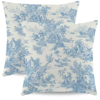 Wsunsal Blaue Toile-Kissenbezüge, 40,6 x 40,6 cm, 2 Stück, Vintage-Stil, französisches Landhaus, quadratisch, Leinen, Dekoration für Zuhause, Sofa, Schlafzimmer, Außen- und Innenbereich, 40,6 x 40,6