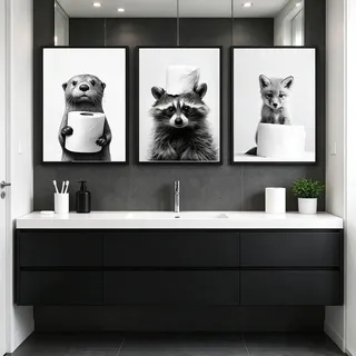 BeiYiHo 3 Poster Lustige Tiere WC Toilette Badezimmer Bilder Bad Witzig Leinwand Tiere Schwarz Weiß Wandbilder Bad Deko Foto Toilette Lustig Bild Gäste WC Wanddeko 30x40cm ohne Rahmen