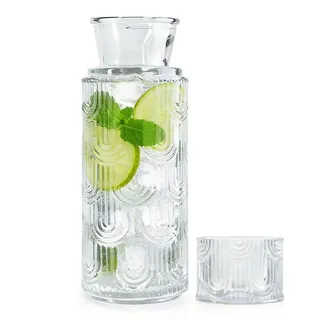 BUERPINKING Nachttisch Wasserkaraffe Set mit Becher Glas, Wasserkaraffe mit Deckel Set, Mundwasser Flasche Karaffe, Wasserkaraffe Glas mit Einem Muster für Getränke Eistee Milch Kaffee (Clear)