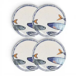 WestCraft Speiseteller Teller im mediterranen Design mit Sardinen-Motiv 2.0, Maritime Teller, (4 St), 4er Set, hochwertig und robust - langlebig und vielseitig einsetzbar weiß rund | Ø 26 cm x 2.5 cm