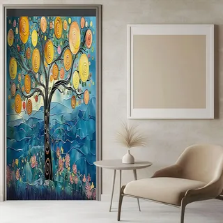 3D Türaufkleber Ölgemälde Baum im Klimt-Stil 86x200 cm Blau Türtapete Wandbild Selbstklebend PVC Wasserdicht Abnehmbar Türfolie TürPoster Fototapete für Wohnzimmer Schlafzimmer
