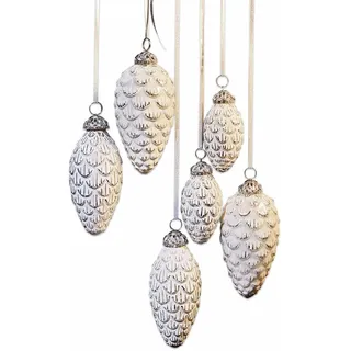 Loberon Weihnachtsschmuck 6er Set Éva, Tannenzapfen-Look, Bauernsilber & Feines Antik-Finish, Christbaumschmuck, Weihnachtsdeko, Weihnachten, Glas, Eisen, antikweiß