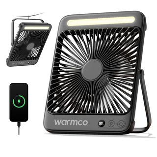 Warmco D4 Akku Camping Ventilator 20000mAh, LED-Lampe, 48 Std. Laufzeit | Leiser Ultraflacher Ventilator Mit Display & Haken Für Zelt, Büro, Wohnmobil, Schlafzimmer Und Stromausfall