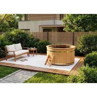 FinnTherm Holz Badefass Bergen, Hot Tub Ø 160 x 110 cm für 3-4 Personen, inkl. Einstiegsleiter & Sitzbänken