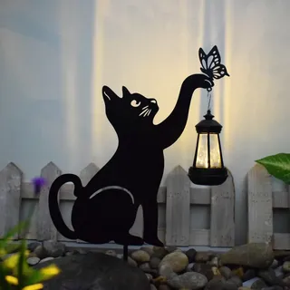 OKESYO KESYO Solar Katze für Außen Garten, Metall Katzen Solarlampe, Katzen Gartendeko mit Laterne, Wasserdicht Solar Gartenstecker für Außen Balkon Gartendekoration