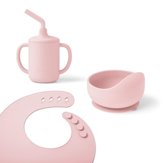 Ergobaby Kindergeschirr-Set Basic für Babys und Kleinkinder ab 6 Monaten, Baby Geschirrset mit Becher, Schale und Lätzchen, ohne BPA, PVC und Phthalaten, Blush Pink