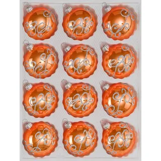12 TLG. Glas-Weihnachtskugeln Set in Hochglanz-Orange-Silberne-Ornamente - Neuheit - Christbaumkugeln - Weihnachtsschmuck-Christbaumschmuck