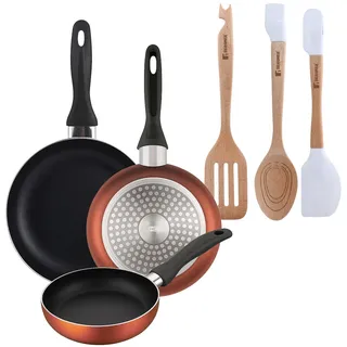 BERGNER - Set aus 3 Pfannen Ø16/20/24cm aus gepresstem Aluminium in metallic-copper mit Set 3 Utensilien aus Silikon und Holz