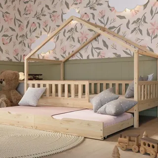 Crazy Pine Montessori Hausbett mit Ausziehbett Crazy House 90x190 cm Natur | Ausziehbares Gästebett auf Rollen – schafft im Handumdrehen einen zweiten Schlafplatz.
