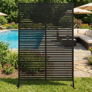 Sichtschutz Metall, Freistehender Paravent 180x120 cm, Wetterfester Sichtschutz Für Garten Terrasse Balkon Outdoor Deko, Raumteiler Mit Ständer, Verzinkter Stahl, Horizontalstreifen Schwarz