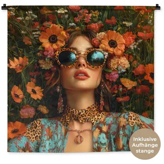 MuchoWow Wandteppich Frauen - Blumen - Modern - Brille - Abstrakt, Quadratisch, Höhe: 3 mm, Wandtuch für Wohnzimmer, Schlafzimmer, 90x90 cm bunt Quadratisch | 90 cm x 90 cm x 3 mm