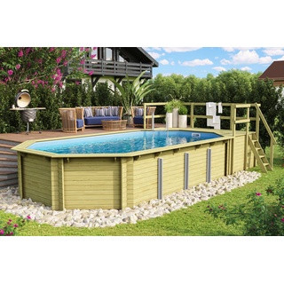 KARIBU Pool Modell 5 Variante D, naturbelassen, Fichtenholz, 357x657x124 cm, inkl. Deck, Terrasse, Treppe und Geländer