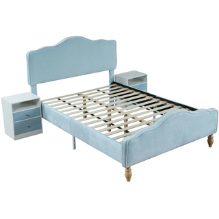Merax 3er Set Bettanlage Polsterbett 140x200 wellenförmige Doppelbett aus Samt mit Höhenverstellbares Kopfteil & 2 Nachttische mit 2 Schubladen Blau