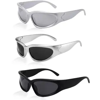 XDGBGFN 3 Paar Vintage Sonnenbrille Herren Damen, Y2K Futuristische Rave Sonnenbrille Leichtgewicht Wrap Around Radsportbrillen Rechteckige Rave Brille (Silber+Weiß+Schwarz)