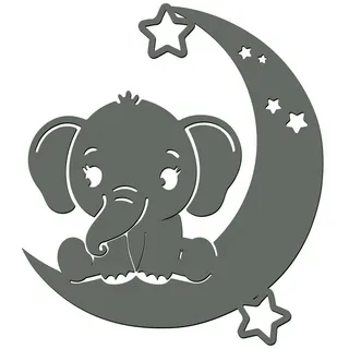 Namofactur LED Wandleuchte Baby Elefant auf Mond - Schlaflicht mit Elefanten Motiv für Kinder, Ohne Zugschalter/Stern, LED fest integriert, Warmweiß, Wanddekoobjekt, Wohnzimmer Leuchte, batteriebetrieben grau