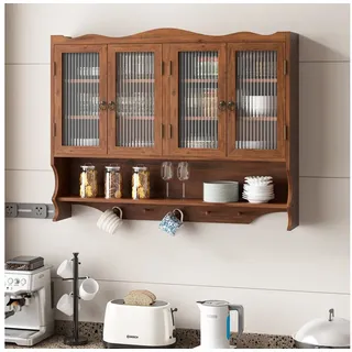 OKWISH Hängeschrank Wandhängeschrank,Glas-Wandregal (100 cm Retro 4-Türiger Wandregal mit Offenem Hakenrack, Robustes Design aus Holz und Glas, 35 kg Tragkraft) braun