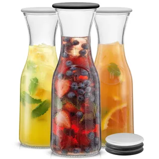 JoyJolt Glaskaraffe mit Deckel 3 Glaskaraffen für Mimosenbar 1,020.6 g Kapazität 6 Deckel! Brunch Dekorationen, Nachttisch Wasserkaraffe, Orangensaftbehälter, Catering Getränkekaraffen & Krüge für