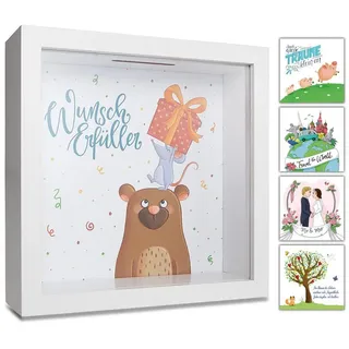 GLÜCKSWOLKE Spardose mit 9 Motive zur Auswahl, (Wunscherfüller, Dream Big, Lebensbaum, Travel, Hochzeit, Sparschwein, Mäuse, Monster, Dschungel, Kinder), Geldgeschenke Verpackung für Geburtstag I Sparbüchse Junge & Mädchen weiß