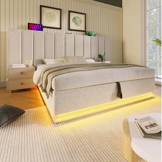 Bett 180x200 Cm Polsterbett Mit Stauraum, Led 360°, Usb Und Usb-c, Metall-holz-gestell, Leinen Beige