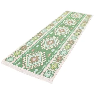 Wollteppich MORGENLAND "Kelim Teppich Ariz" Teppiche Gr. B/L: 60 cm x 260 cm, 5 mm, 1,56 m2, 1 St., grün Kelimteppich Baumwollteppiche reine Baumwolle