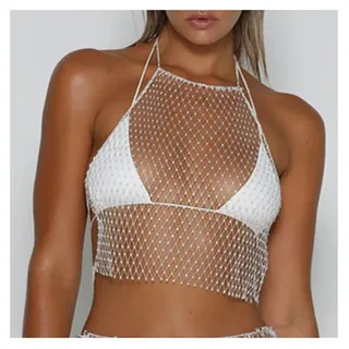 SHTGOI Frauen Netz Tank Tops Sexy Bauchfreies Top Mesh Glitzer Strass Fischnetz Oberteil Durchsichtig Beach Bikni Badeanzug Damen Hollow Out Cover Up Slim Fit Sommershirt für Club Party Weiß