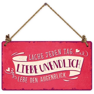 Grafik Werkstatt Wand Vintage-Art | Lache jeden Tag. Liebe unendlich. Lebe den Augenblick | Retro | Nostalgic | Pappschild mit Kordel| Deko-Schild Cardboard, Pappe, bunt, 22 x 12 cm