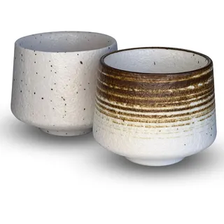 shizuro Tassen Set japanisch - 2 Stück a 190 ml - hochwertige Keramiktasse für Kaffee, Cappuccino und Tee - nachhaltige asiatische vintage Teetasse - Retro modernes Design (Braun Weiß)
