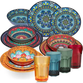Melamin Geschirr Set Toskana Pastel für 4 Personen - 16 Teile - BUNT - Mandala-Optik mit farblich passenden Trinkgläsern 400 ml aus Acryl Essgeschirr Zubehör Campinggeschirr Wohnwagen Camping