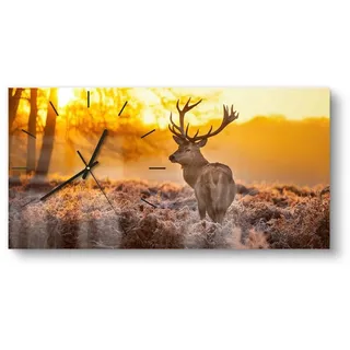 DEQORI Wanduhr 'Hirsch am Wintermorgen' (Glas Glasuhr modern Wand Uhr Design Küchenuhr) braun|orange 60 cm x 30 cm