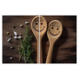 SMTDeco Herdabdeckplatte 2×40×52 cm – Mehr Arbeitsfläche, Spritzschutz & Schneidebrett – ESG Glas, kratzfest – für Induktion/Ceranfeld – 2-teilig, Motiv Holz Löffel Braun