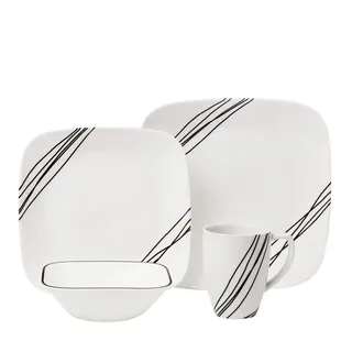 Corelle Geschirr-Set Simple Sketch aus Vitrelle-Glas für 4 Personen 16-teilig, splitter- und bruchfest, schwarz