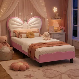 Quiaviank Polsterbett Kinderbett 90x200cm, Bett für Mädchen mit Verstellbarem Kopfteil in Schmetterlings Design, Kopfteil mit LED Leselampe, Einzelbett mit Lattenrost, Ohne Matratze, PU, Rosa