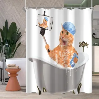 Lerores Duschvorhang 120x200 cm Cat Selfies, Beschwerter Saum Antischimme, Wasserabweisend, Waschbar Polyester Badevorhänge mit 8 Ösen und Duschvorhangringen für Badezimmer, Badewanne
