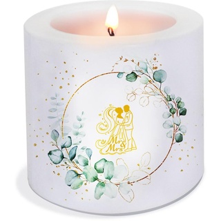 Kerze Brautpaar als Hochzeitsgeschenk oder Tischdeko. Kerze Hochzeit mit Motiv als originelle Deko mit Eukalyptus Ø8 x Höhe 7,5cm