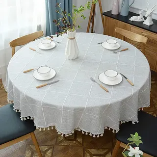 Lsimeru Tischdecke Kariert Grau Weiß Landhausstil Rund 160cm Stickerei Baumwolle und Leinen Abwaschbar Tischtuch Draussen Tischwäsche Tafeldecke Tischdecken Gartentischdecke