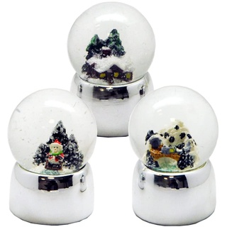 20107abc 3 süße Mini-Schneekugeln Winter und Weihnacht, Silber Sockel, Durchmesser 45mm