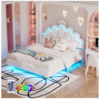 Flieks Polsterbett, LED Kinderbett Doppelbett mit krone-Form Prinzessinnenbett 140x200cm weiß 143 cm x 203 cm x 129 cm