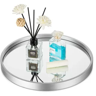 Hanobe Spiegeltablett Badezimmer Tablett Holz: Dekotablett Rund Deko Modern Splitter Holztablett Spiegel Klein Parfume Organizer Schmucktablett Dekoteller für Schminktisch 30cm