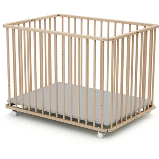 Webaby - Laufstall Baby Faltbar Holz mit Rollen und Matte 70x100 Buche Natur | Faltbarer Laufstall | 3 Stufen Höhenverstellbar | Waschbarer Boden | Für Kinder bis 24 Monate