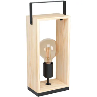 EGLO Tischlampe Famborough, 1 flammige Tischleuchte Vintage, Industrial | Skandinavisch, Nachttischlampe aus Stahl und Holz, Wohnzimmerlampe in Schwarz, Natur, Lampe mit Schalter, E27 Fassung