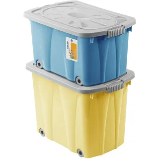 PAFEN Piraten Spielzeugkisten SET  2x Schatzkiste 49l + 62l mit Rollen Gelb/Blau