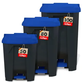 Floordirekt Mülleimer 80 Liter, Blauer Deckel, Abfalleimer für Küche und Büro, Mülltrennsystem, Tretmülleimer mit Step-On-Mechanismus, Papierkorb, Mülltonne Olaf