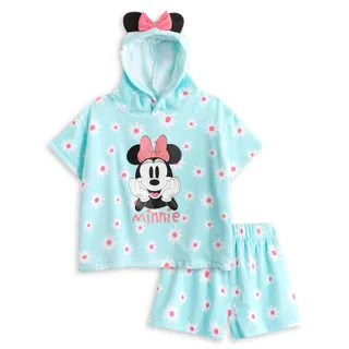 Disney 2-teiliges Frottee-Set mit Minnie Maus-Blumenmuster in Blau | Mädchen-Outfit mit Kapuze, 3D-Ohren und Schleife | Strand-, Pool-, Sommer- und Freizeitkleidungsset – 4–5 Jahre - 4-5 Jahre